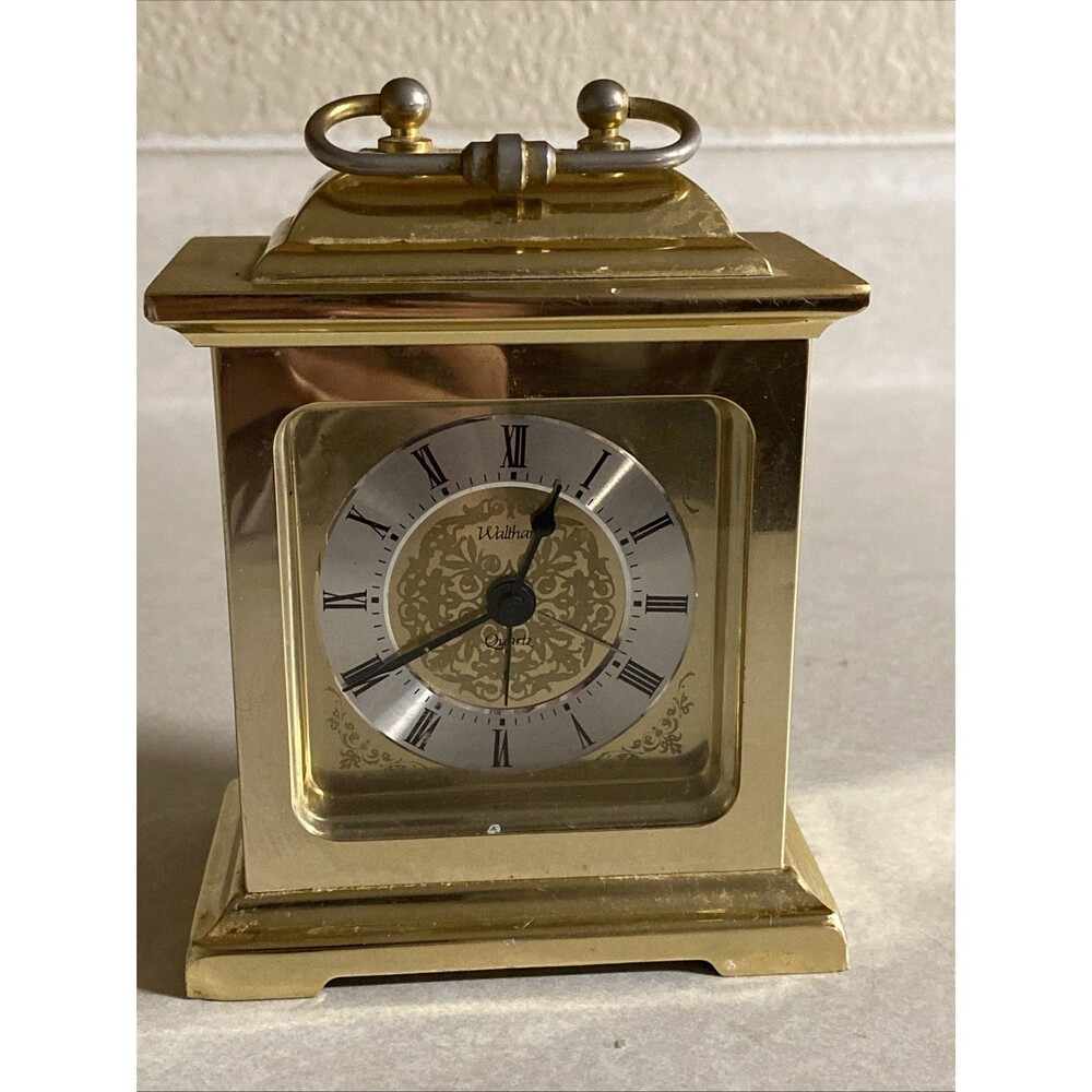 Vintage Waltham Brass Carriage Mantel Clock Roman Numerals Quartz Not Working